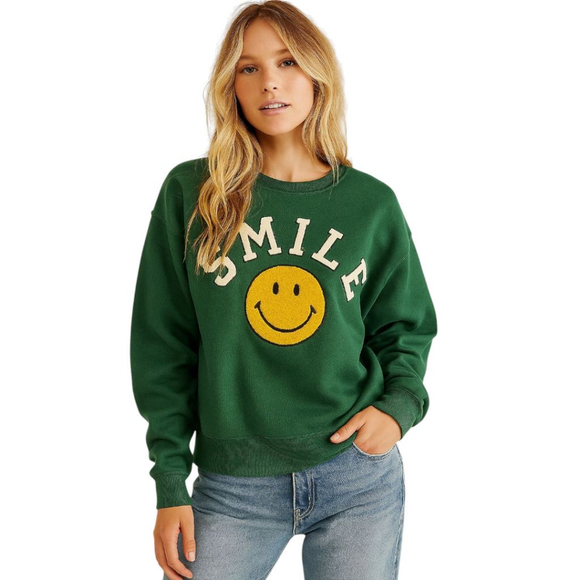 Altar'd State Tops - Altar’d State Happy Face Terry Crewneck Sweatshirt Green Retro Y2K Sz S